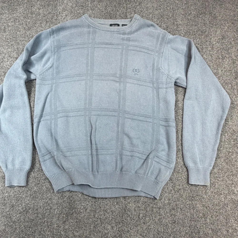 VTG Izod Mens Size Large‎ LT Light Blue Cotton Windowpane Grid Crewneck Sweater